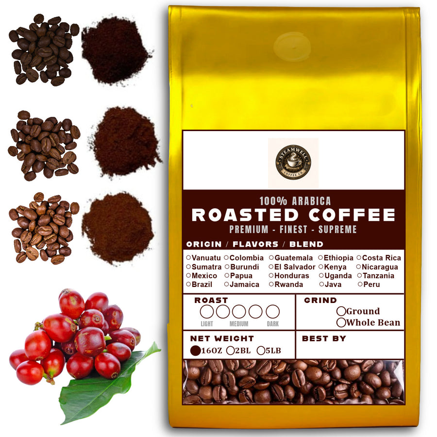 16 OZ Specialty Whole Bean and Ground Coffee Supreme Finest Artisan for Drips Cold Brew Espresso French Press Dark Medium Light Roast from Vanuatu Sumatra Ethiopia Brazil Kenya Colombia Guatemala Burundi Costa Rica East Java El Salvador Honduras etc