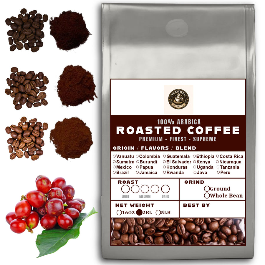 32 OZ 2LB Specialty Whole Bean and Ground Coffee Supreme Finest Artisan for Drips Cold Brew Espresso French Press Dark Medium Light Roast from Vanuatu Sumatra Ethiopia Brazil Kenya Colombia Guatemala Burundi Costa Rica East Java El Salvador Honduras etc