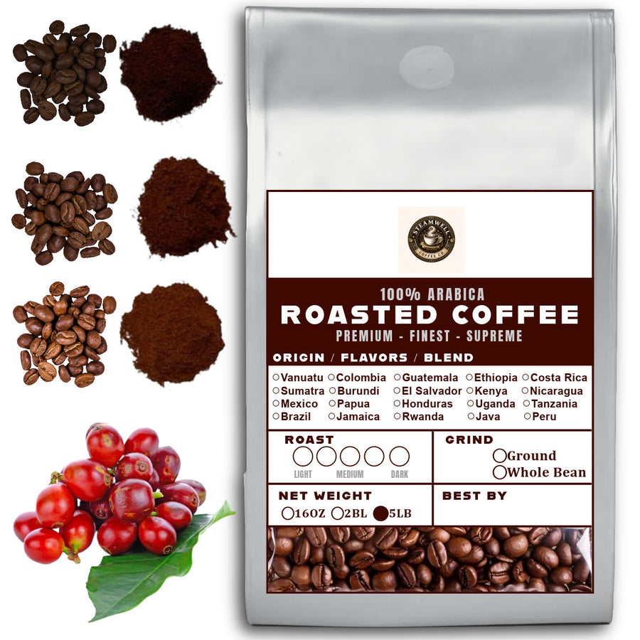5LB Specialty Whole Bean and Ground Coffee Supreme Finest Artisan for Drips Cold Brew Espresso French Press Dark Medium Light Roast from Vanuatu Sumatra Ethiopia Brazil Kenya Colombia Guatemala Burundi Costa Rica Indonesia Java El Salvador Honduras etc